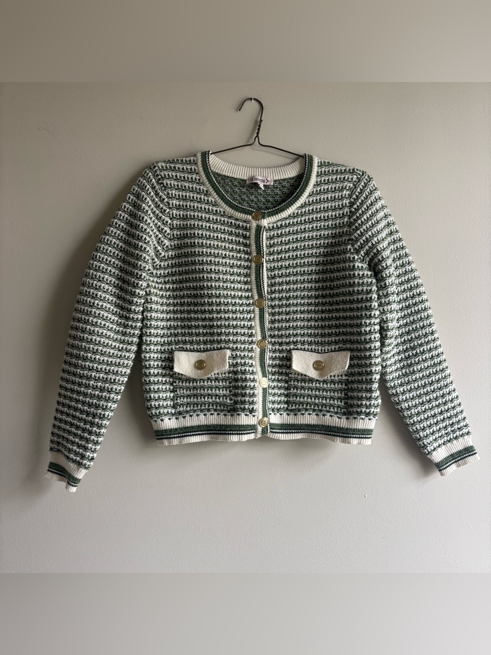 Nanette Lepore Green & White Cropped Knit Cardigan